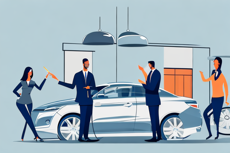 How to Sell More Cars at Your Dealership: Tried and Tested Techniques 3 A car dealership with a customer and salesperson discussing a sale