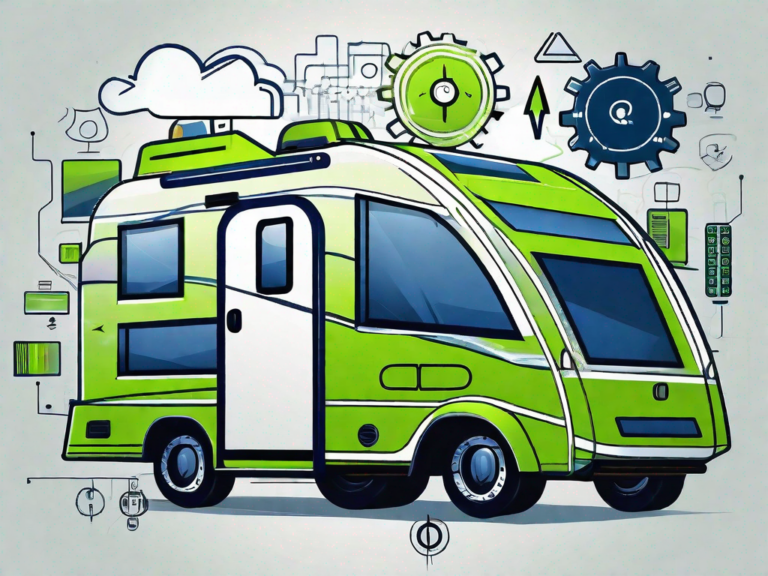 Tech Revolution: Maximizing Efficiency with Cutting-Edge RV Dealership Software 2 A modern rv (recreational vehicle) surrounded by digital icons symbolizing efficiency and cutting-edge technology