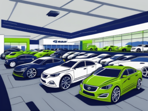 A vibrant car dealership lot with a variety of different car models