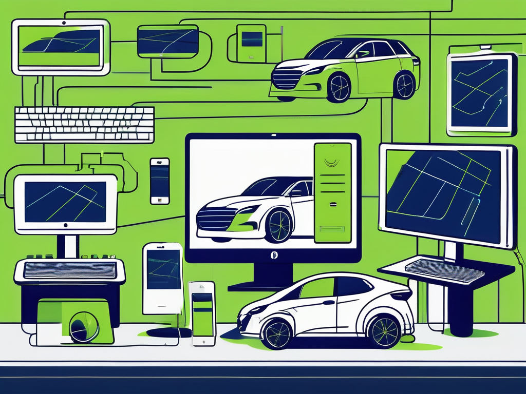 Streamlining Operations: DMS Integration for Car Dealers Demystified 1 A car dealership with various digital devices like computers and tablets