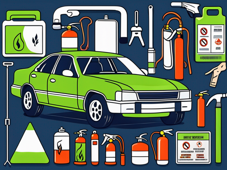 Dealership Safety Checklists You Need Review Right Now 1 A car dealership with various safety signs and tools such as a fire extinguisher