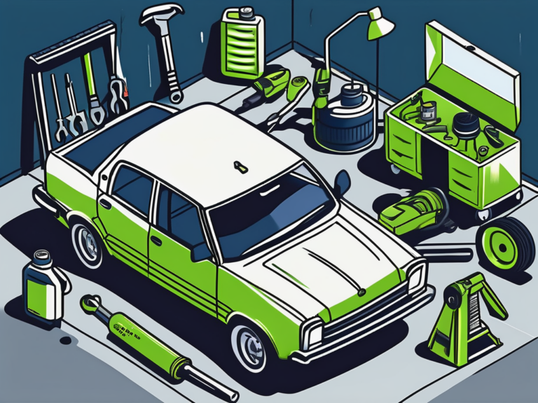 How to Offer a Car Maintenance Plan That Keeps Everybody Happy 12 A car in a garage surrounded by various car maintenance tools like a wrench