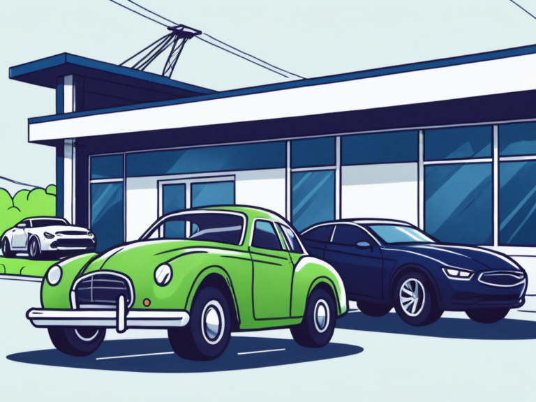 How to Stop Online Car Retailers From Putting Your Dealership Out of Business 3 A traditional car dealership building on one side and a digital tablet displaying a car on the other