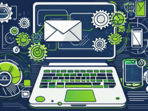 A computer displaying an open email template and a smartphone showing an automated texting app