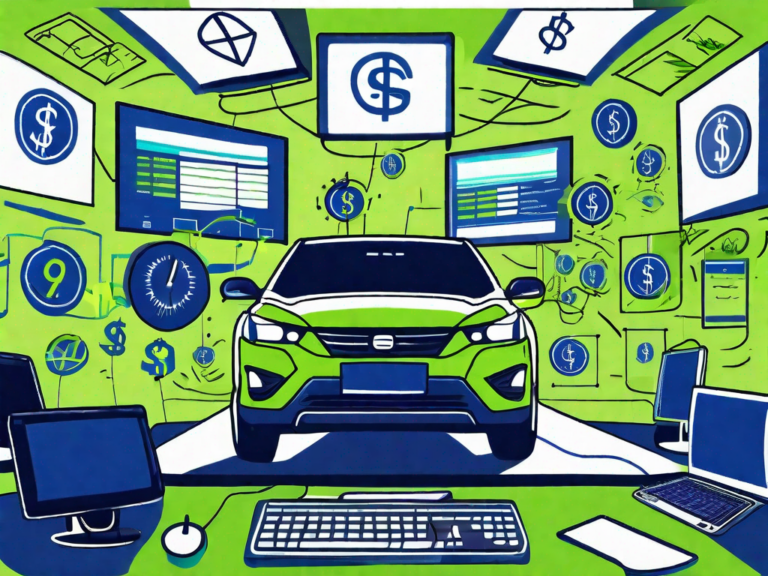 Navigating Finances: 10 Reasons to Choose Auto Dealership Accounting Software 8 A car dealership with various financial symbols like currency signs and calculators floating around