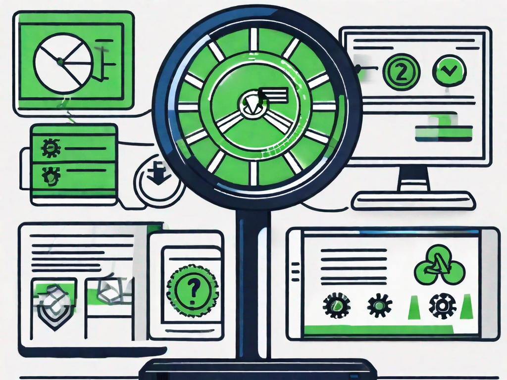 A computer screen displaying a software interface with five distinct features such as a magnifying glass