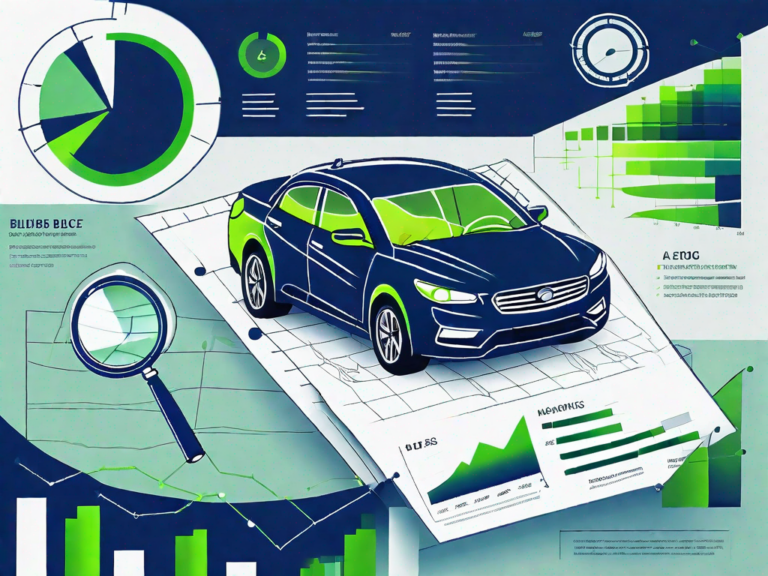 Decoding Dealership Analytics: Key Metrics to Watch 9 A magnifying glass hovering over a car dealership with various analytical graphs and charts floating around it